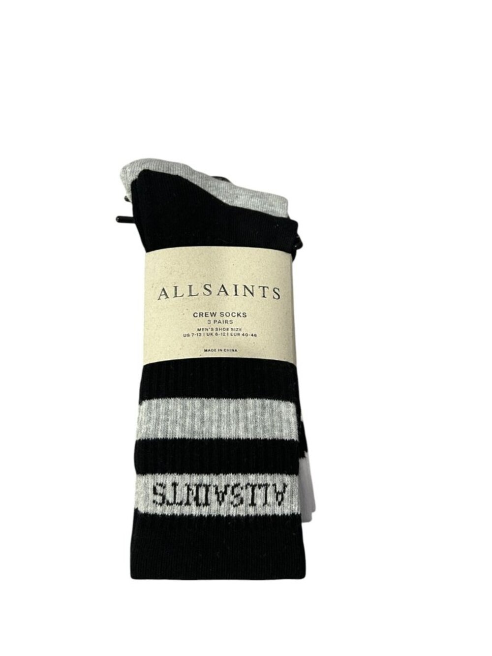 ALL Saints Men's Crew Socks 3 Pairs Size 7-13 Striped Gray White Black